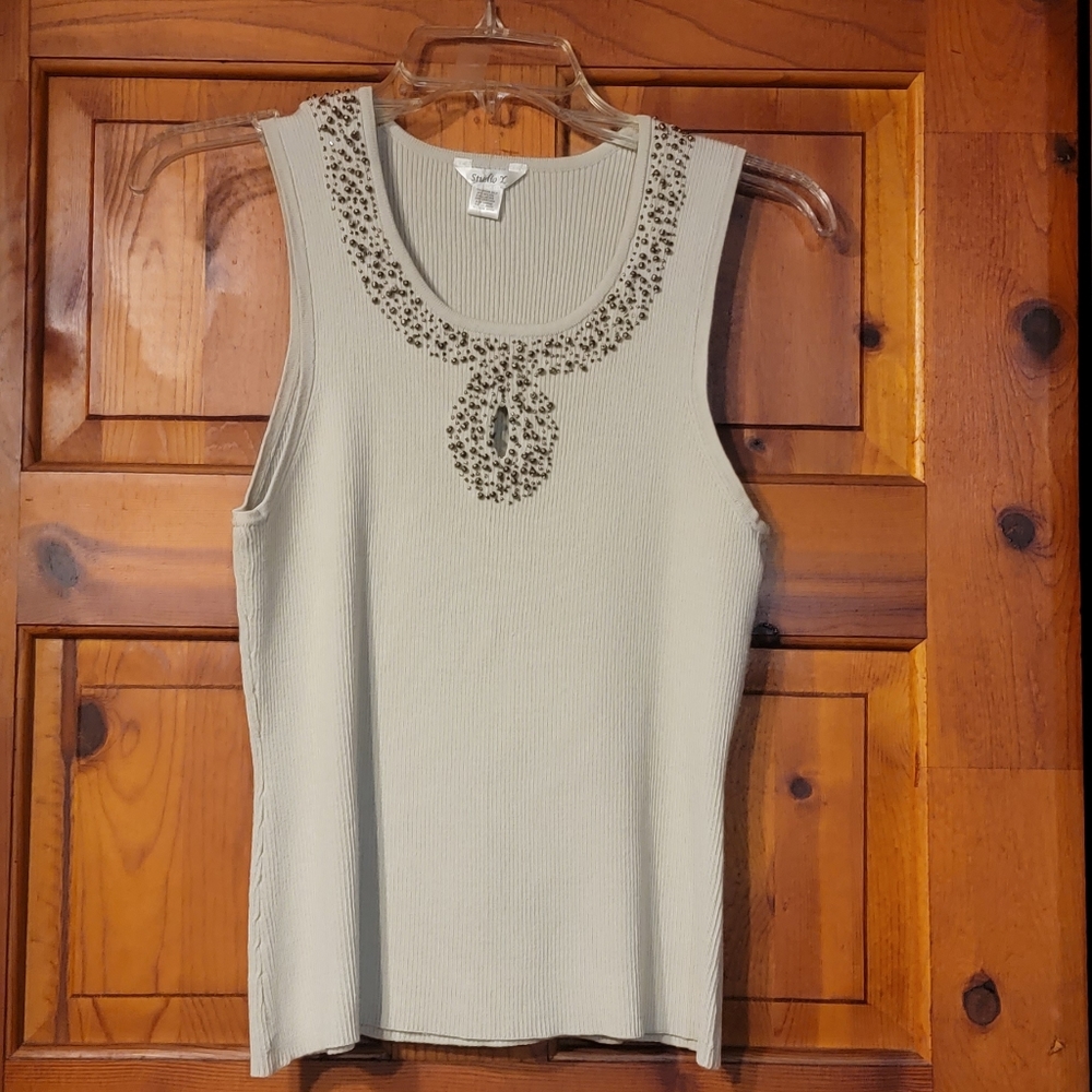 Studio Y Sz Lg silk beige beaded tank top
